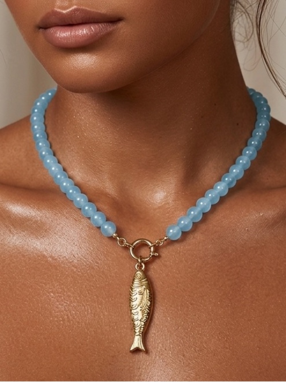 Blue Natural Stone Beaded Necklace with Gold Fish Charm